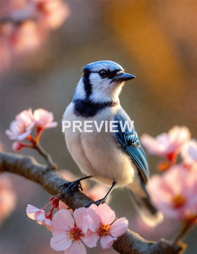 A close-up of a blue jay perched on a flowering branch with pink blossoms and a blurred warm-toned background.